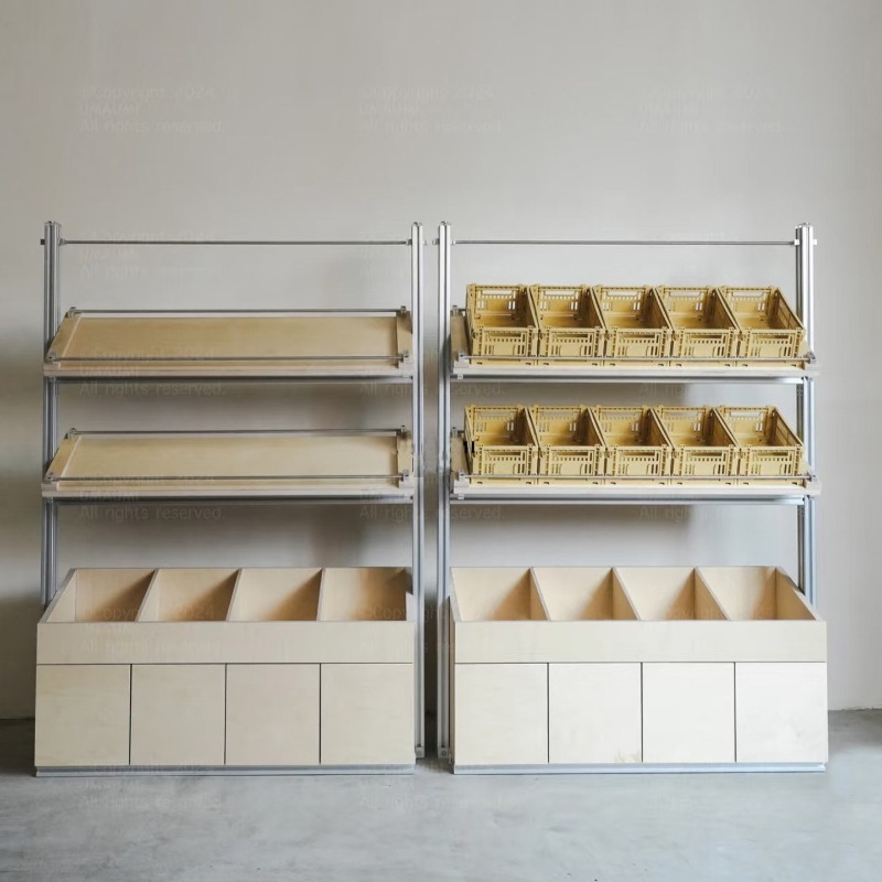 Furniture For Hardware Shop - Einkaufszentrum Birkenholz-Ozeanplatten-Aluminiumprofil-Displayregal, raumhohes Muster-Displayregal, Bürobereich-Hintergrund